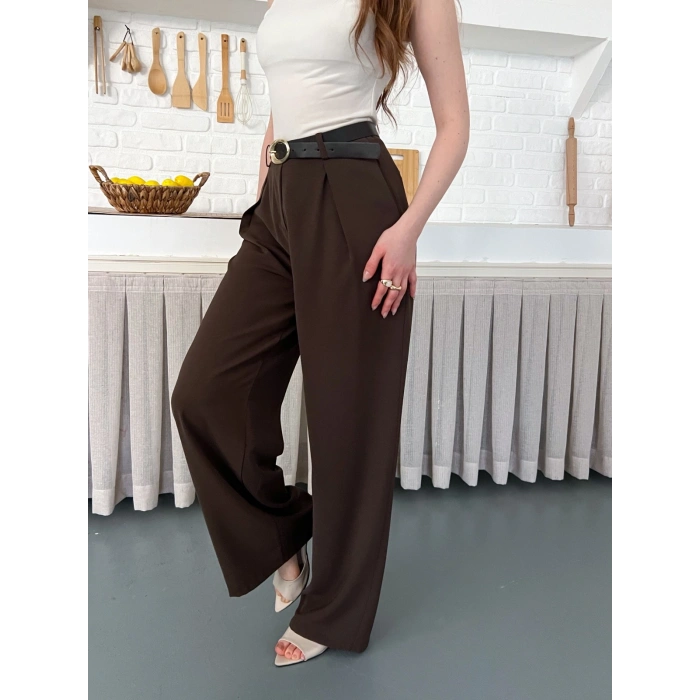 Kemerli Yüksek Bel Bol Paça Pantolon Kahve