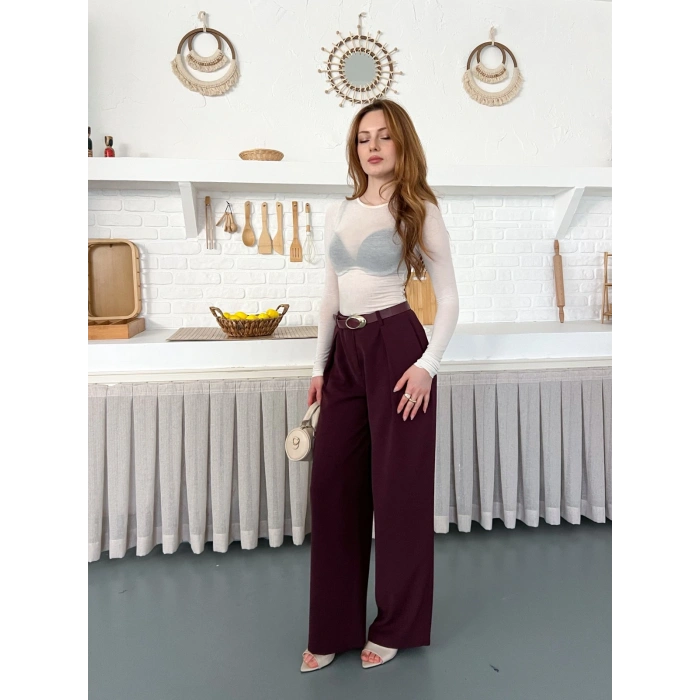 Kemerli Yüksek Bel Bol Paça Pantolon Mürdüm