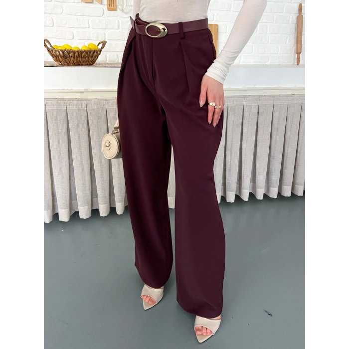 Kemerli Yüksek Bel Bol Paça Pantolon Mürdüm