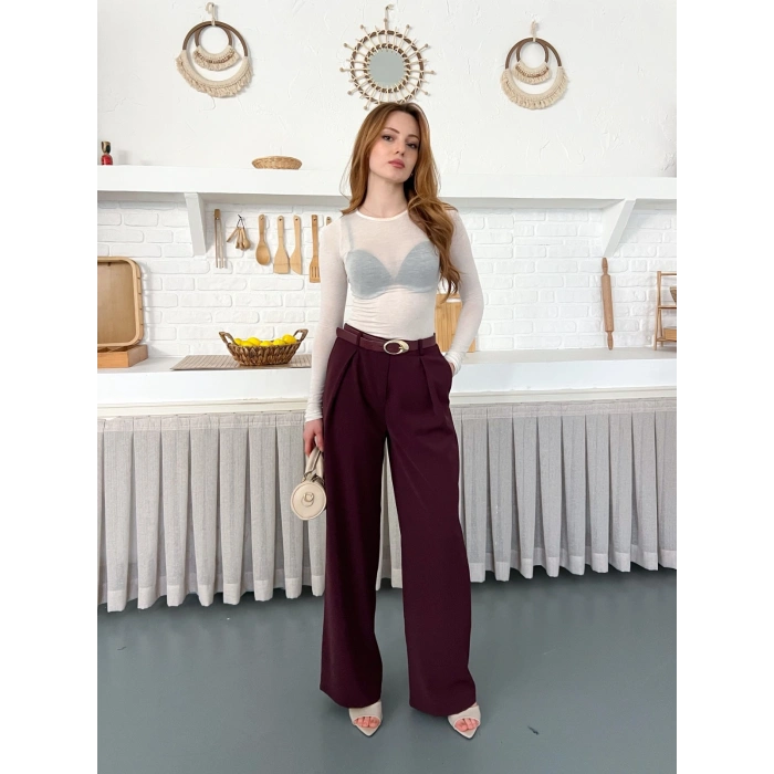 Kemerli Yüksek Bel Bol Paça Pantolon Mürdüm