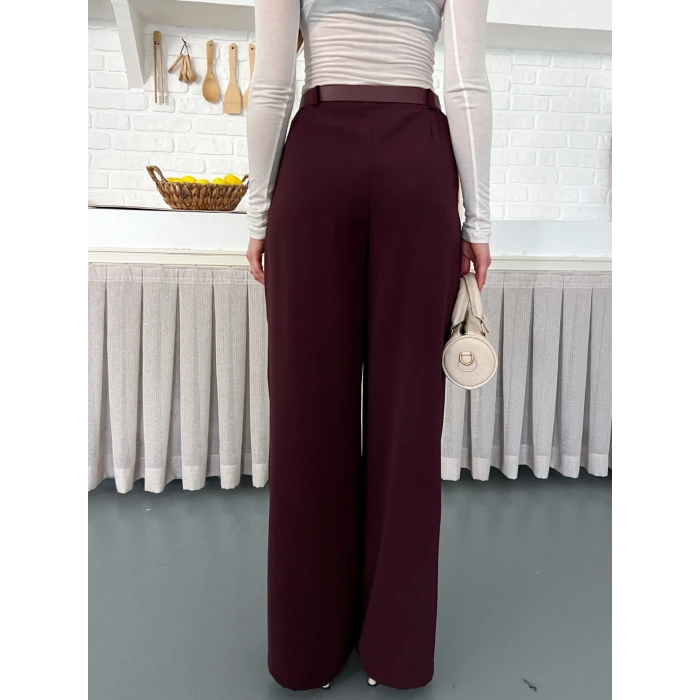 Kemerli Yüksek Bel Bol Paça Pantolon Mürdüm