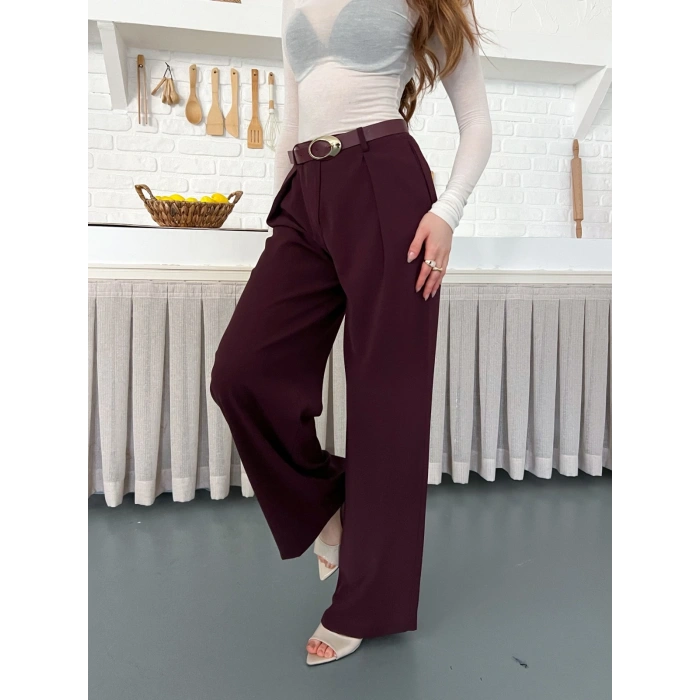 Kemerli Yüksek Bel Bol Paça Pantolon Mürdüm