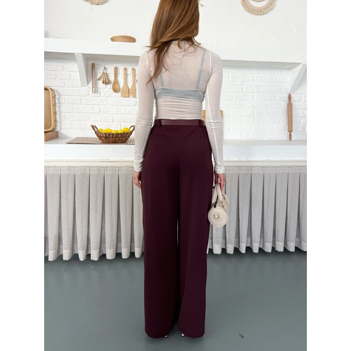 Kemerli Yüksek Bel Bol Paça Pantolon Mürdüm