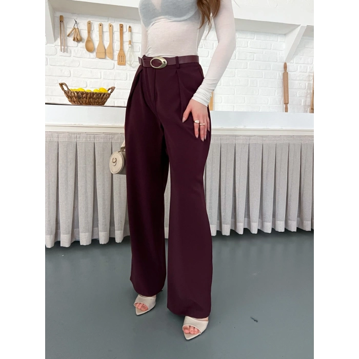 Kemerli Yüksek Bel Bol Paça Pantolon Mürdüm