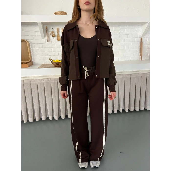 Şerit Detay Spor Modal Vintage Takım Kahve