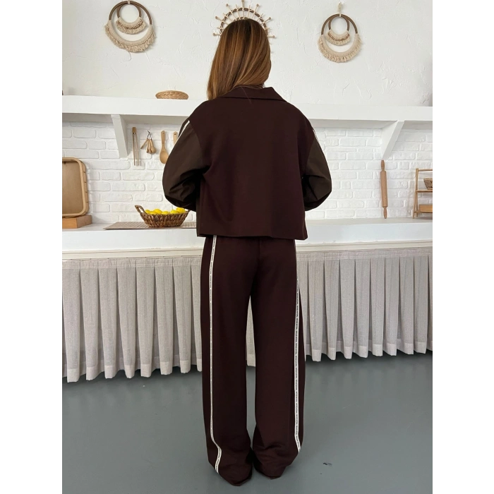 Şerit Detay Spor Modal Vintage Takım Kahve