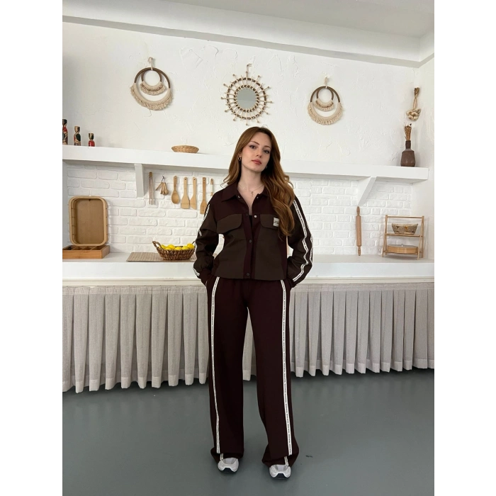 Şerit Detay Spor Modal Vintage Takım Kahve