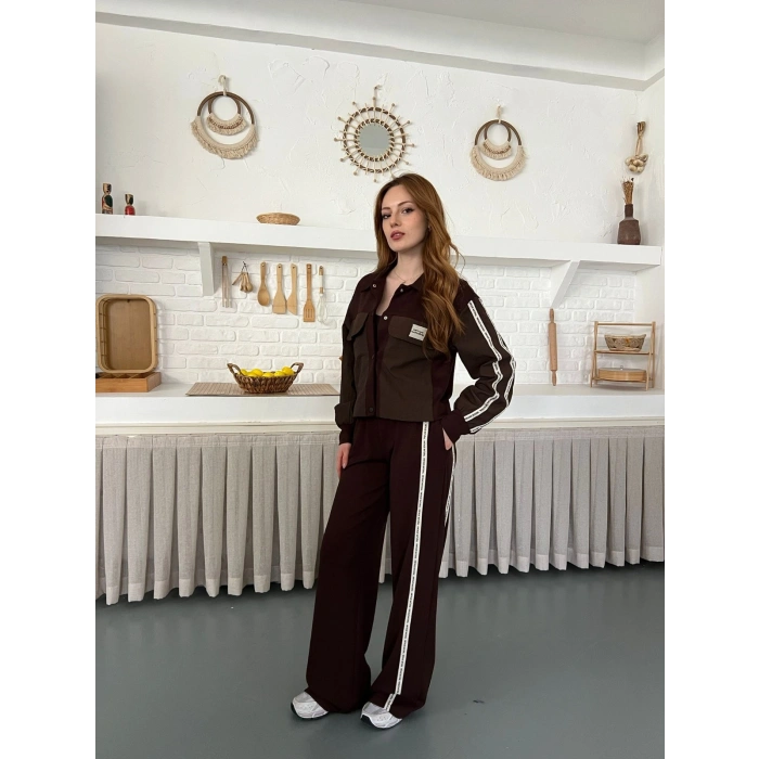 Şerit Detay Spor Modal Vintage Takım Kahve