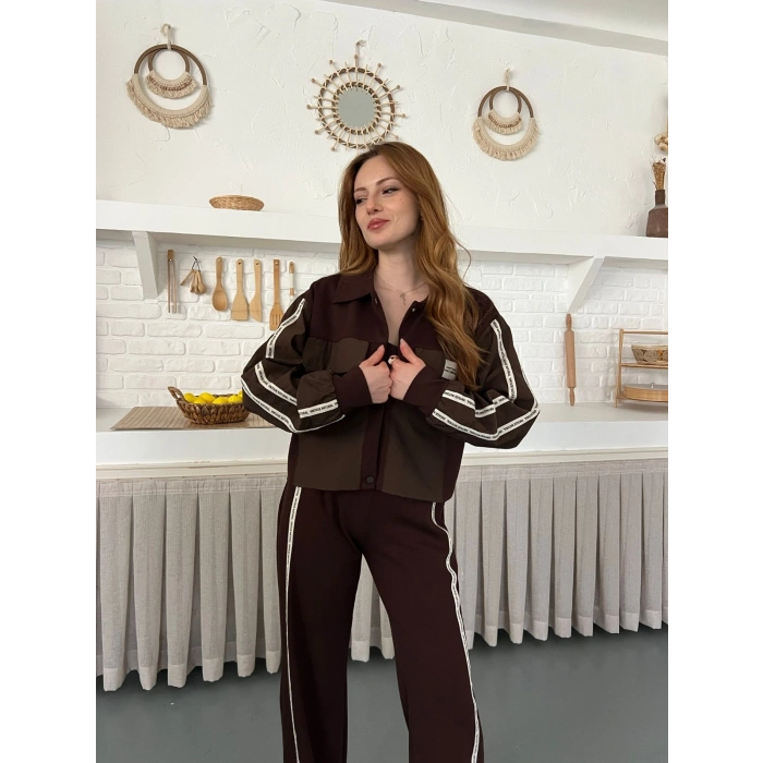 Şerit Detay Spor Modal Vintage Takım Kahve