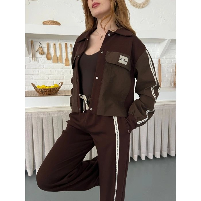 Şerit Detay Spor Modal Vintage Takım Kahve