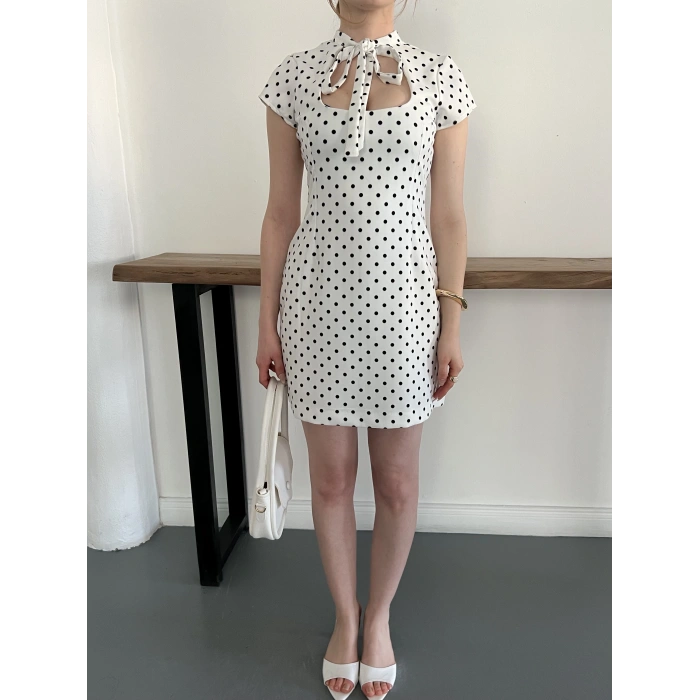 Puantiyeli Yaka Detaylı Mini Elbise Beyaz