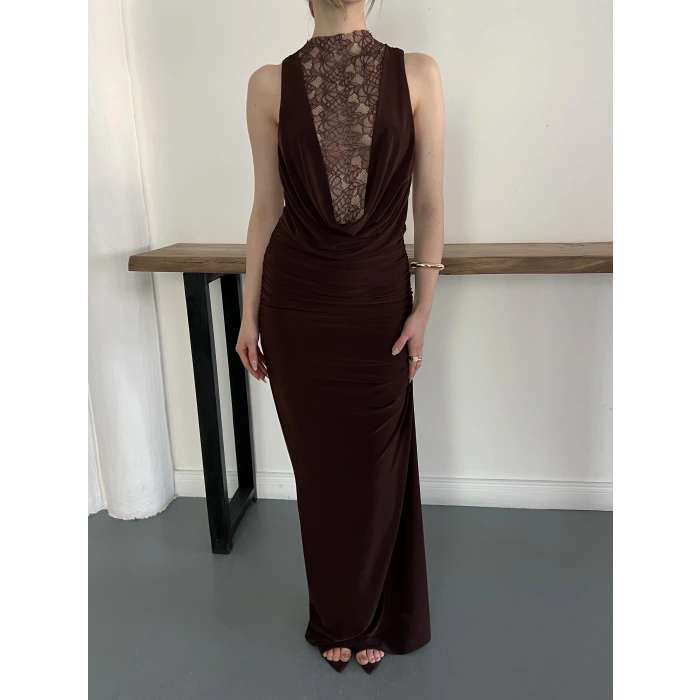 Dantel Detaylı Drapeli Couture Gece Elbisesi Kahve