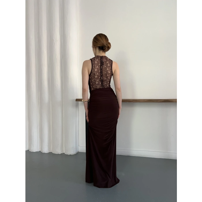 Dantel Detaylı Drapeli Couture Gece Elbisesi Kahve