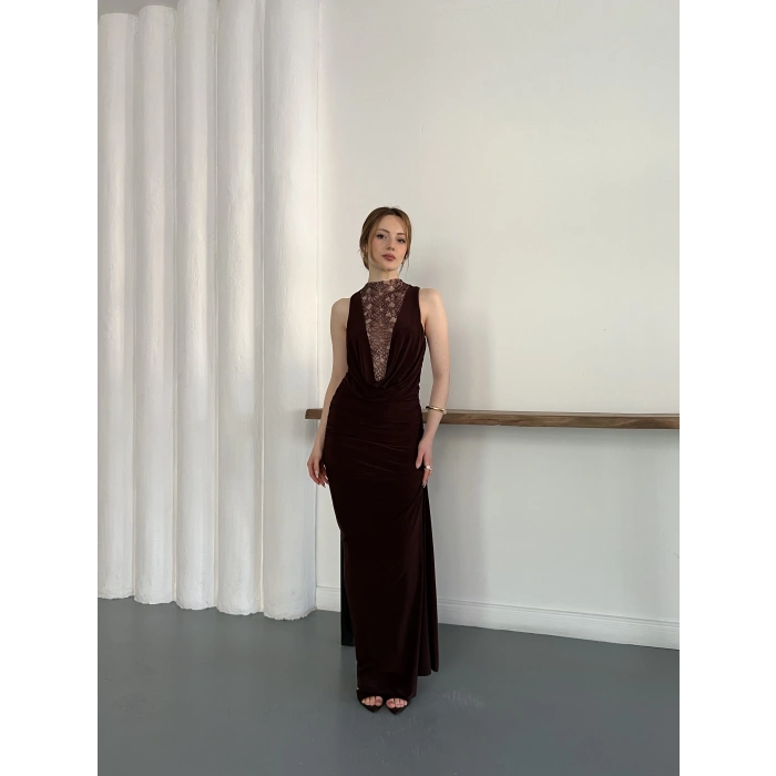 Dantel Detaylı Drapeli Couture Gece Elbisesi Kahve