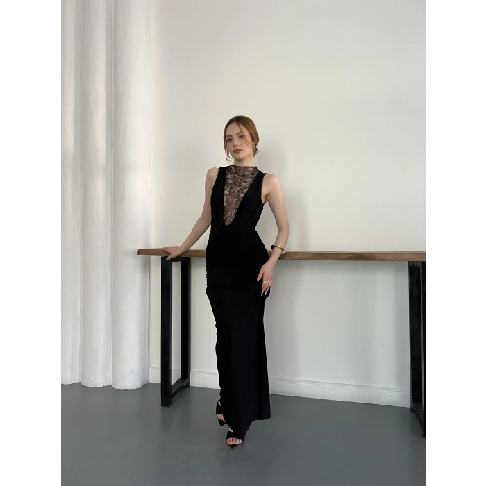 Dantel Detaylı Drapeli Couture Gece Elbisesi Siyah