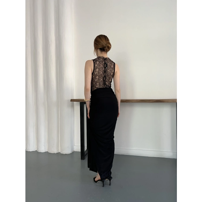 Dantel Detaylı Drapeli Couture Gece Elbisesi Siyah