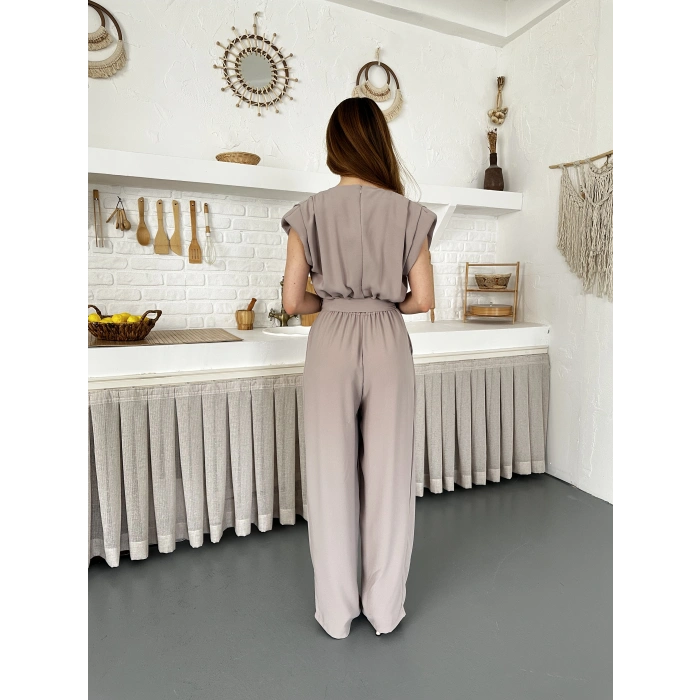 Kuşaklı Yaka Detaylı Zarif Tulum Bej