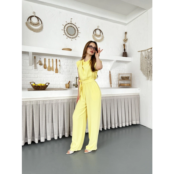 Kuşaklı Yaka Detaylı Zarif Tulum Sarı