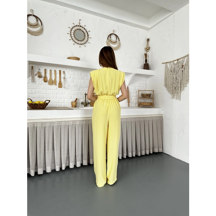 Kuşaklı Yaka Detaylı Zarif Tulum Sarı