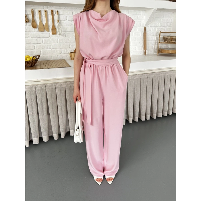 Kuşaklı Yaka Detaylı Zarif Tulum Pembe