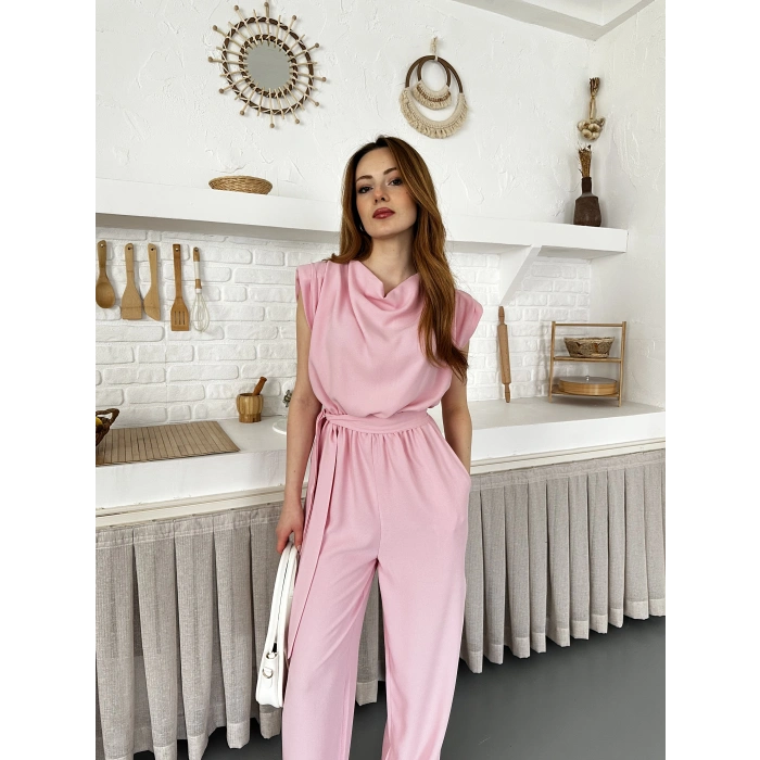 Kuşaklı Yaka Detaylı Zarif Tulum Pembe