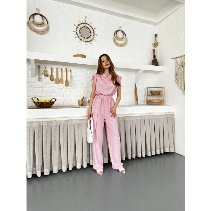 Kuşaklı Yaka Detaylı Zarif Tulum Pembe