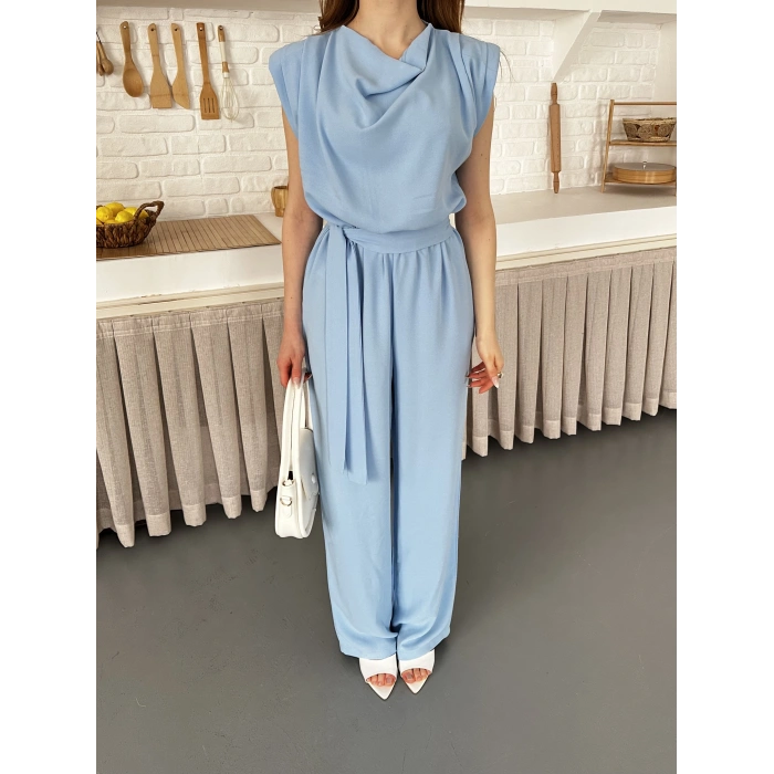 Kuşaklı Yaka Detaylı Zarif Tulum Turkuaz