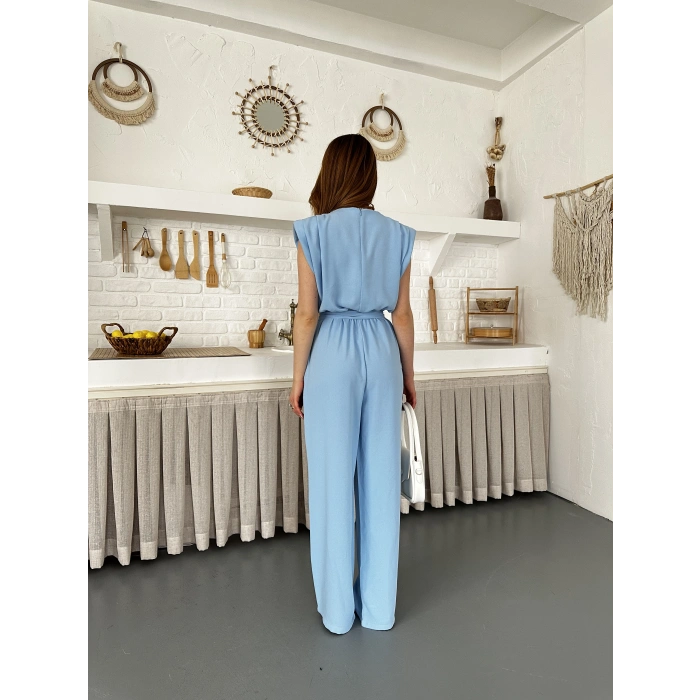 Kuşaklı Yaka Detaylı Zarif Tulum Turkuaz