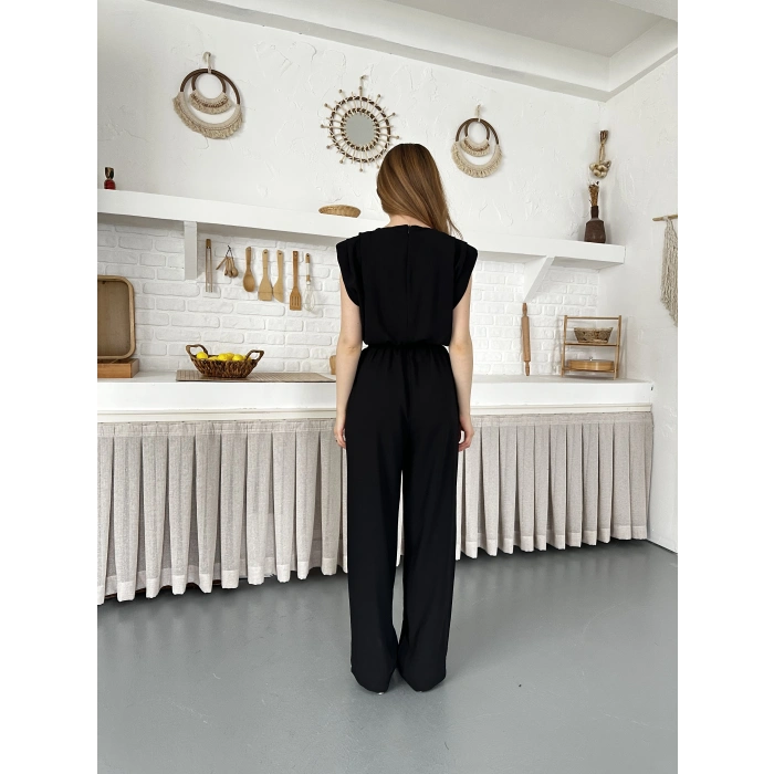 Kuşaklı Yaka Detaylı Zarif Tulum Siyah