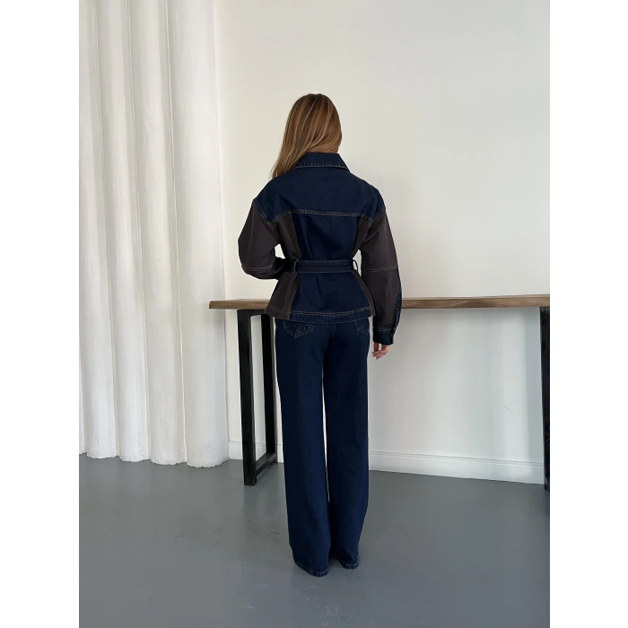 Bel Kuşaklı Fermuar Detaylı Denim Takım