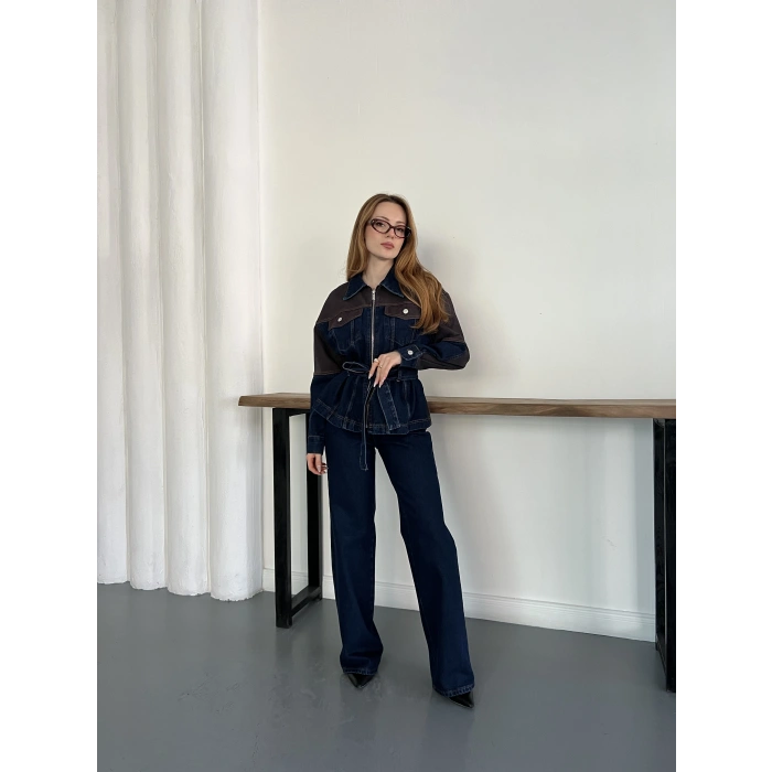 Bel Kuşaklı Fermuar Detaylı Denim Takım