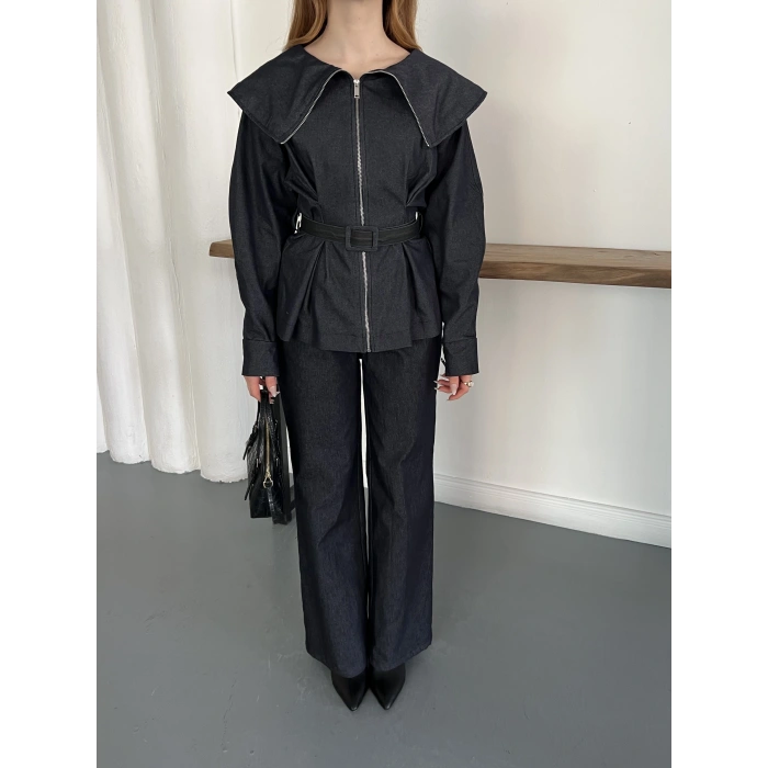 Yaka Detaylı Fermuarlı Tasarım Denim Takım Lacivert