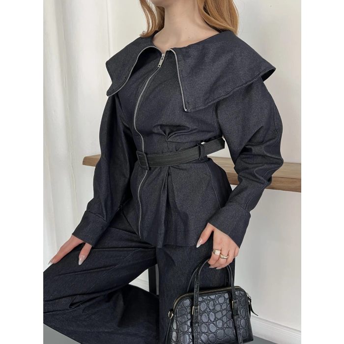 Yaka Detaylı Fermuarlı Tasarım Denim Takım Lacivert