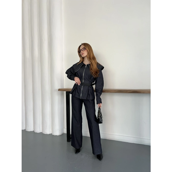 Yaka Detaylı Fermuarlı Tasarım Denim Takım Lacivert