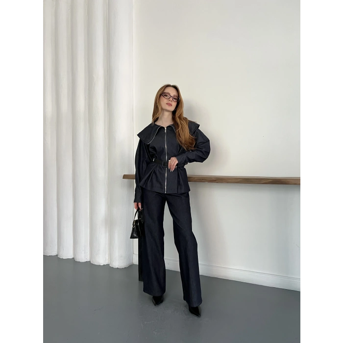 Yaka Detaylı Fermuarlı Tasarım Denim Takım Lacivert