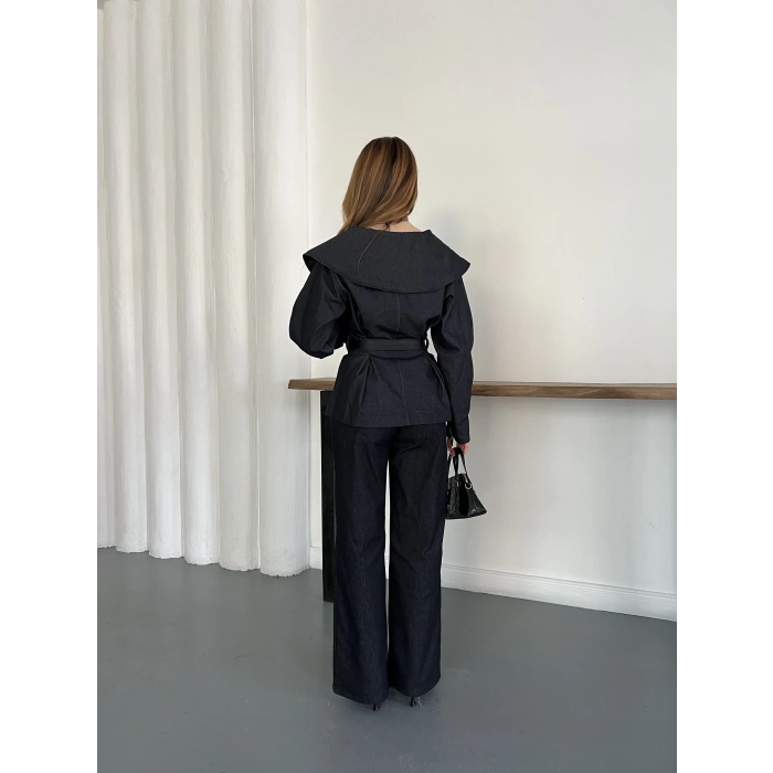 Yaka Detaylı Fermuarlı Tasarım Denim Takım Lacivert