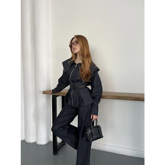 Yaka Detaylı Fermuarlı Tasarım Denim Takım Lacivert