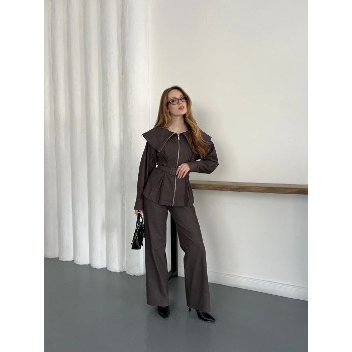 Yaka Detaylı Fermuarlı Tasarım Denim Takım Kahve