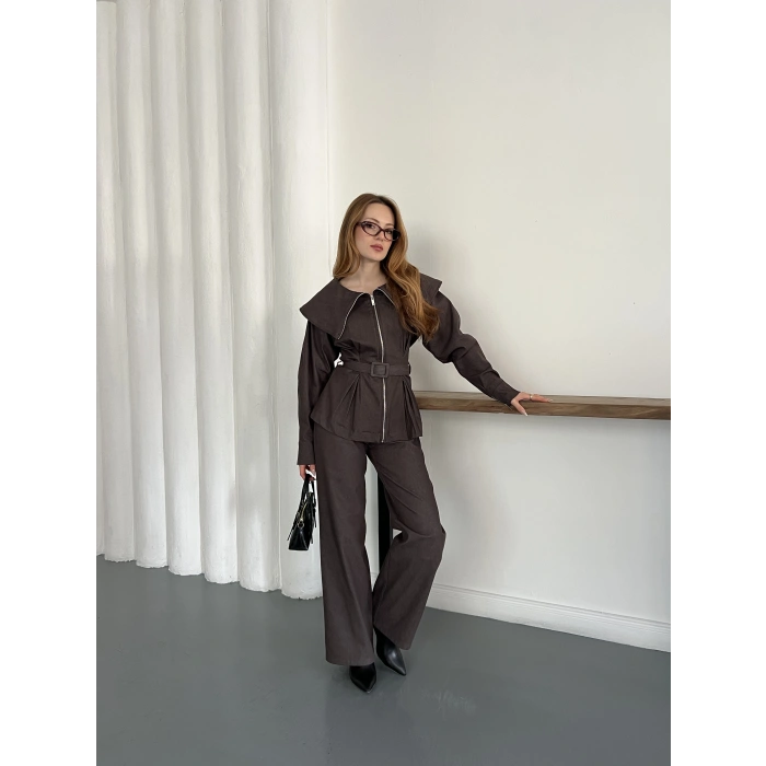 Yaka Detaylı Fermuarlı Tasarım Denim Takım Kahve