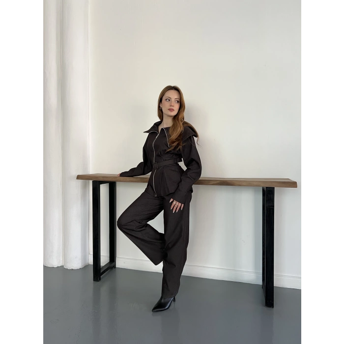 Yaka Detaylı Fermuarlı Tasarım Denim Takım Siyah