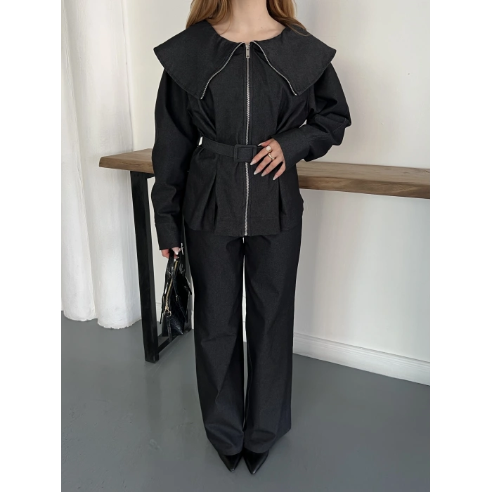 Yaka Detaylı Fermuarlı Tasarım Denim Takım Siyah