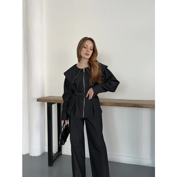 Yaka Detaylı Fermuarlı Tasarım Denim Takım Siyah