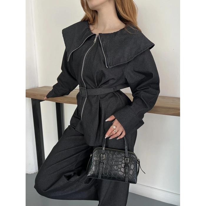 Yaka Detaylı Fermuarlı Tasarım Denim Takım Siyah