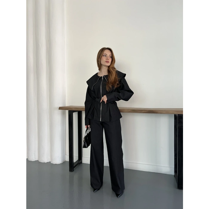 Yaka Detaylı Fermuarlı Tasarım Denim Takım Siyah