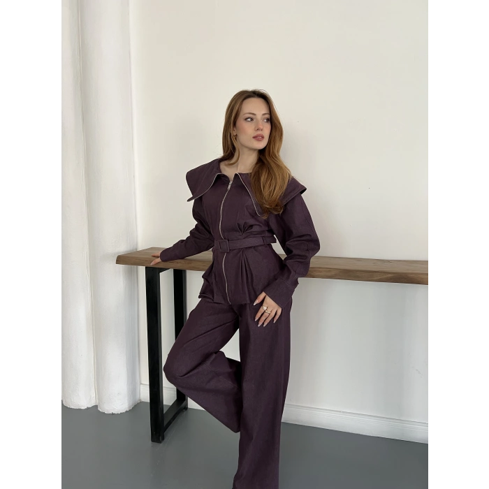 Yaka Detaylı Fermuarlı Tasarım Denim Takım Bordo