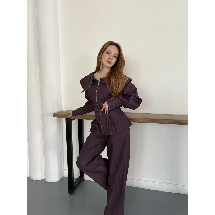 Yaka Detaylı Fermuarlı Tasarım Denim Takım Bordo