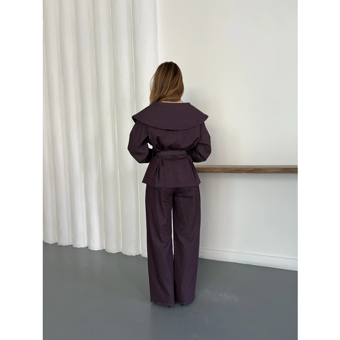 Yaka Detaylı Fermuarlı Tasarım Denim Takım Bordo