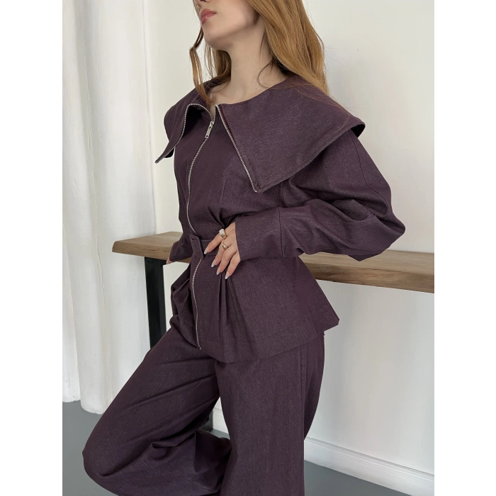 Yaka Detaylı Fermuarlı Tasarım Denim Takım Bordo