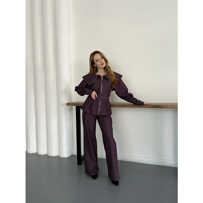 Yaka Detaylı Fermuarlı Tasarım Denim Takım Bordo