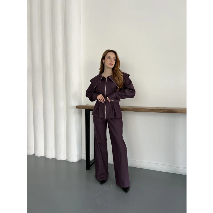 Yaka Detaylı Fermuarlı Tasarım Denim Takım Bordo